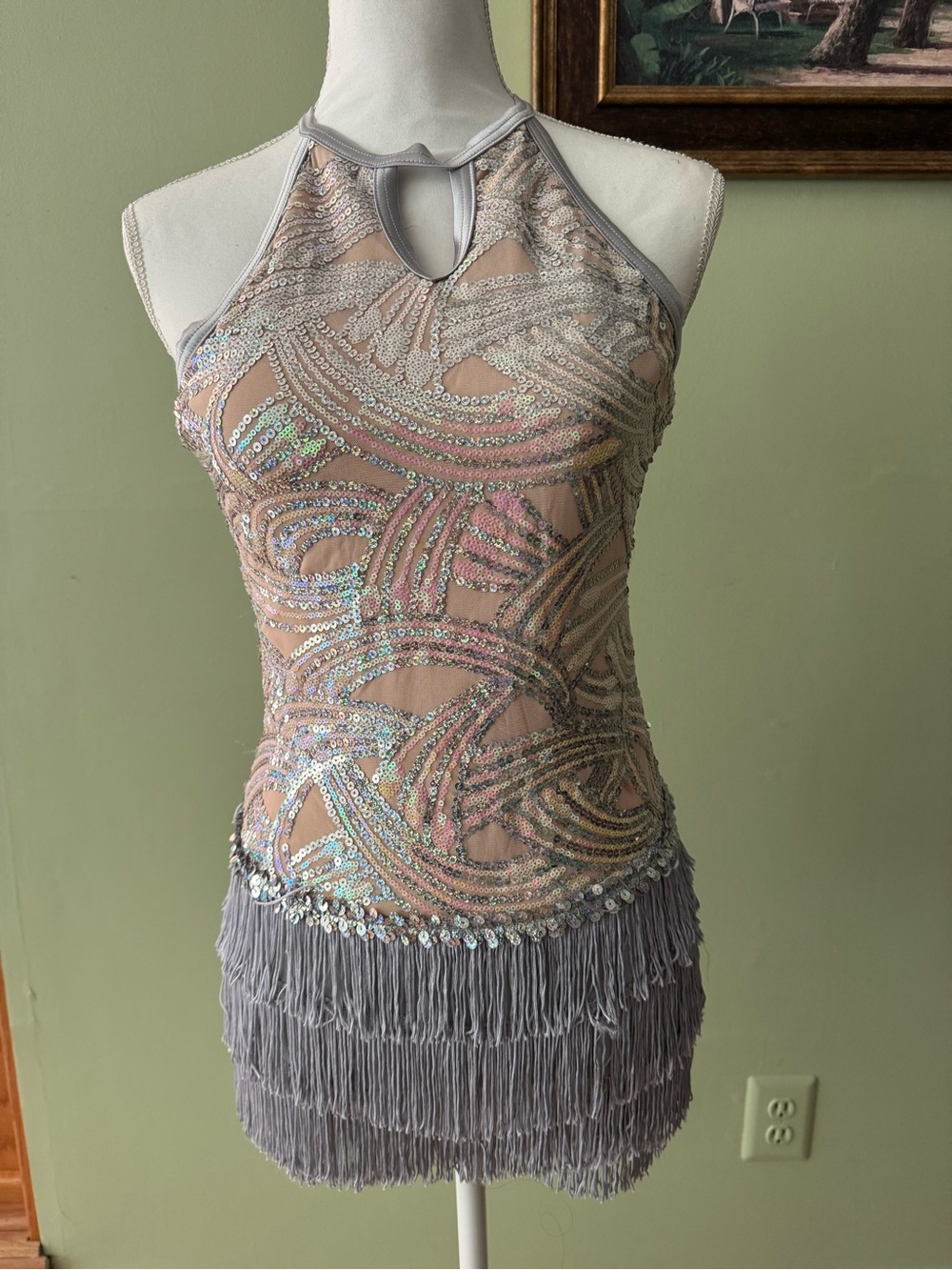 Weissman Iridescent Sequin Halter Costume with Gray Fringe - sz XLC